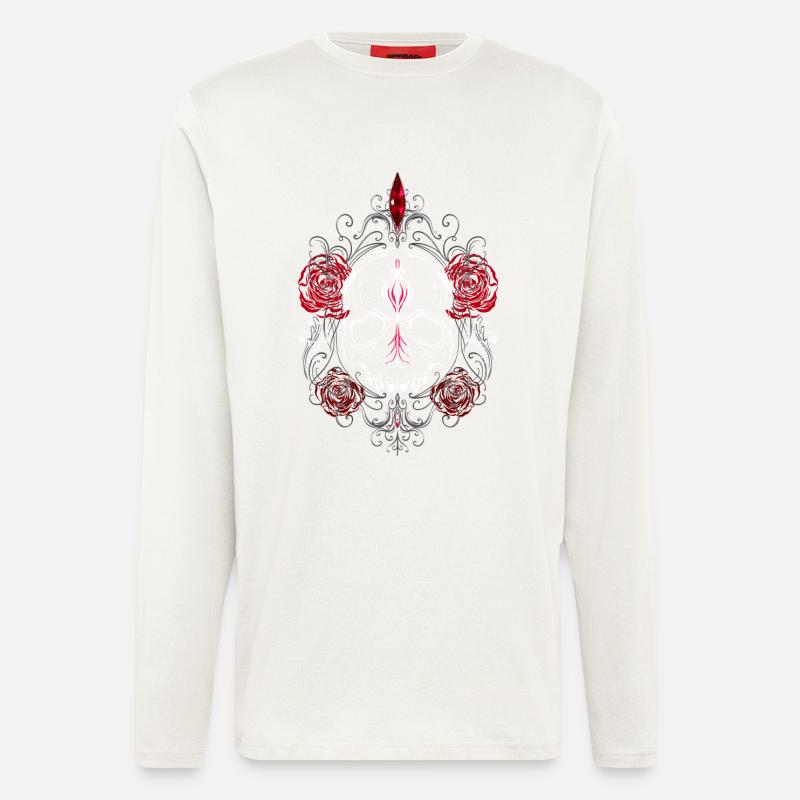 Skull with Red Roses Gothic Ästhetik - Langarmshirt - made by SPREAD  - OFF WHITE