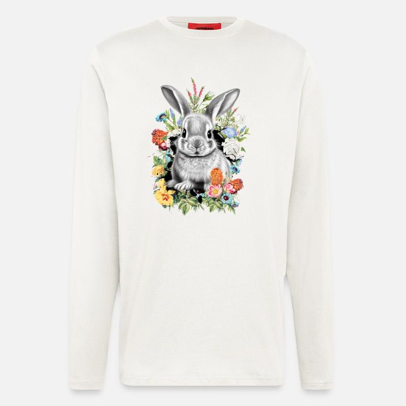Lapin Lapin Fleurs - Manches longues bio décontracté fabriqué en UE - OFF WHITE