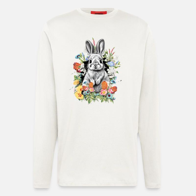 Lapin Lapin Fleurs - Manches longues bio décontracté fabriqué en UE - OFF WHITE