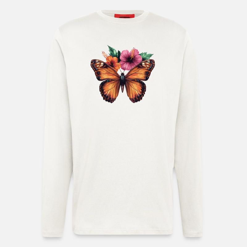 Papillon avec des fleurs - Manches longues bio décontracté fabriqué en UE - OFF WHITE
