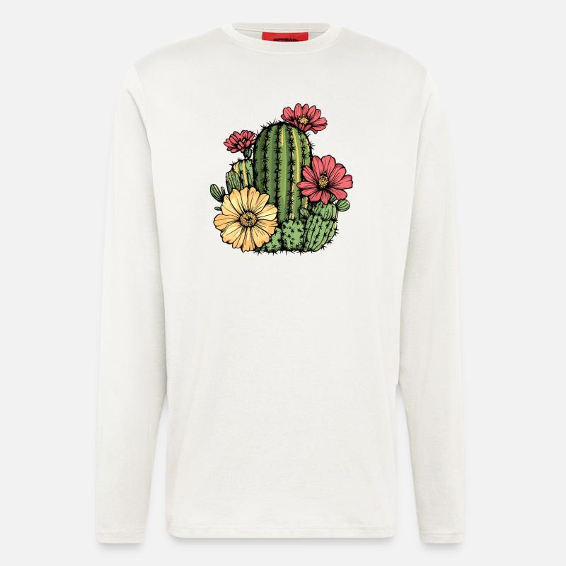 Cactus à fleurs - Manches longues bio décontracté fabriqué en UE - OFF WHITE