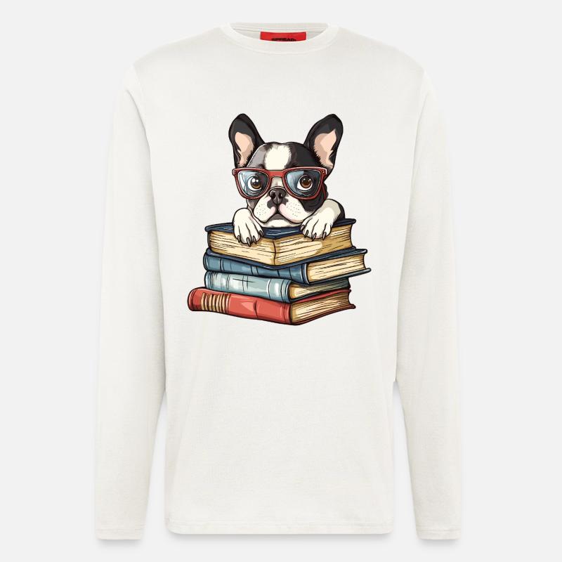 Süßes Boston-Terrier-Hundelesebuch mit Brille - Langarmshirt - made by SPREAD - OFF WHITE