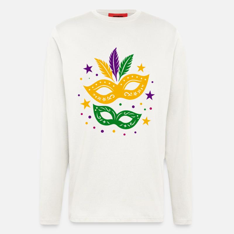 Karneval Masken mit Sternen & bunten Federn - Langarmshirt - made by SPREAD - OFF WHITE