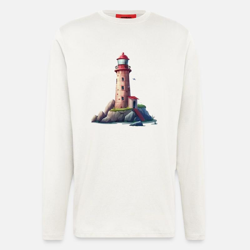Phare sur la côte rocheuse - Manches longues bio décontracté fabriqué en UE - OFF WHITE