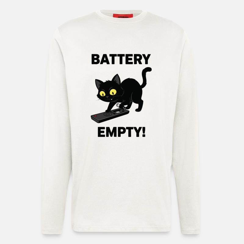 Battery Empty Chat Télécommande Humour - Manches longues bio décontracté fabriqué en UE - OFF WHITE