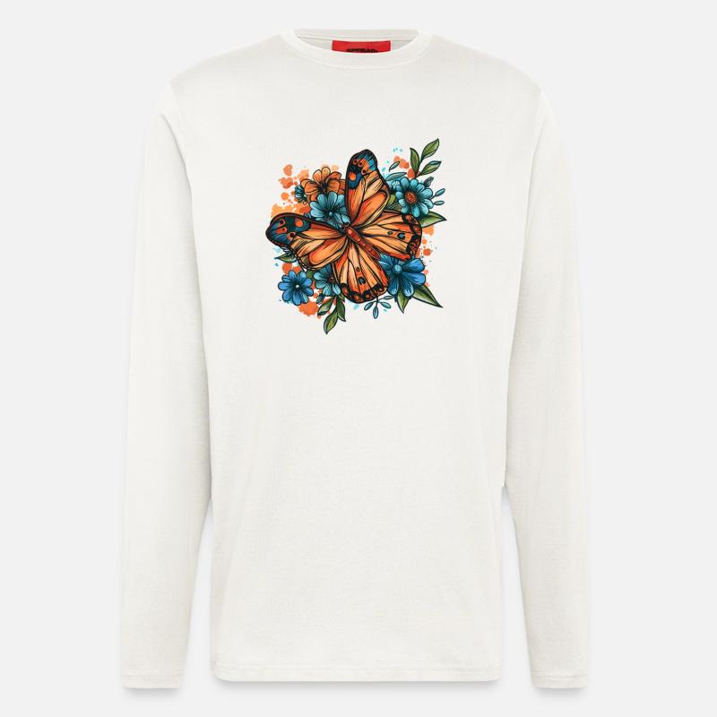 Papillon avec des fleurs - Manches longues bio décontracté fabriqué en UE - OFF WHITE