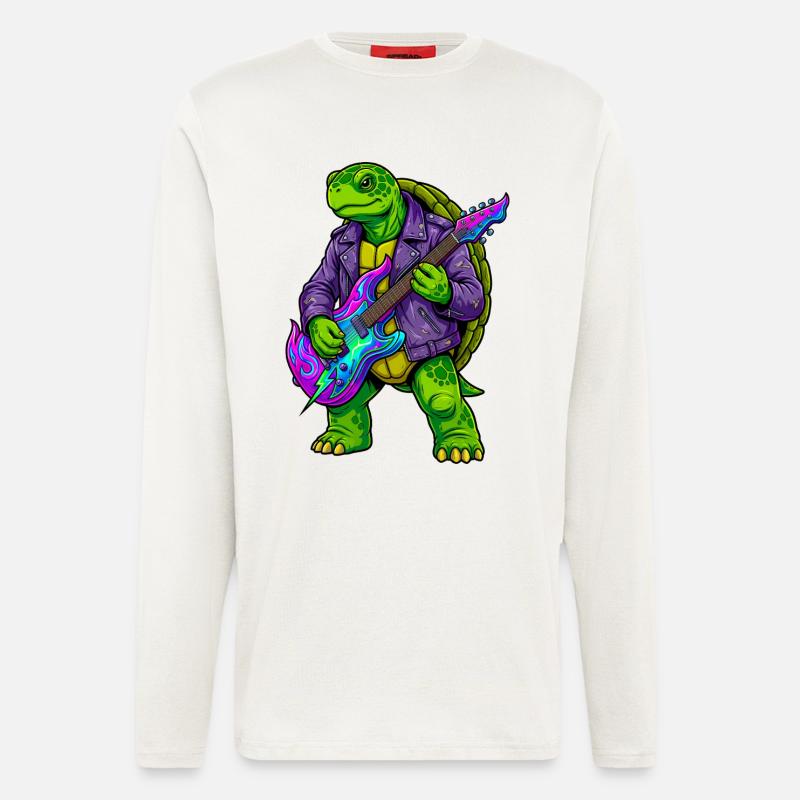 Schildkröte mit Jacke und Neon E-Gitarre - Langarmshirt - made by SPREAD - OFF WHITE
