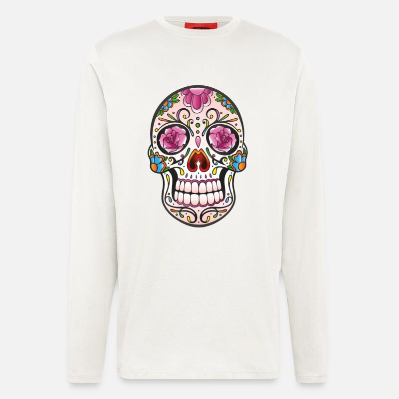 Mexican Sugar Skull, day of the dead - Manches longues bio décontracté fabriqué en UE - OFF WHITE