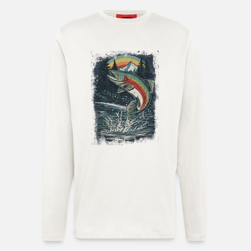 Springende Regenbogenforelle – Retro Anglermotiv - Langarmshirt - made by SPREAD  - OFF WHITE