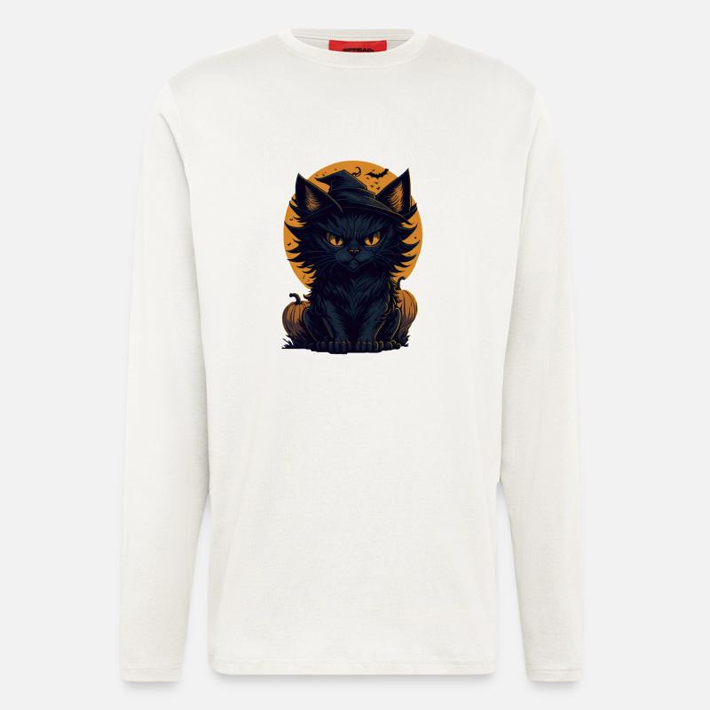 Chat Chat Noir Halloween - Manches longues bio décontracté fabriqué en UE - OFF WHITE
