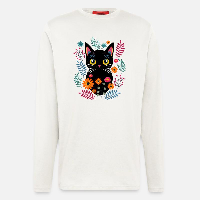 Chat et fleurs sauvages - Manches longues bio décontracté fabriqué en UE - OFF WHITE