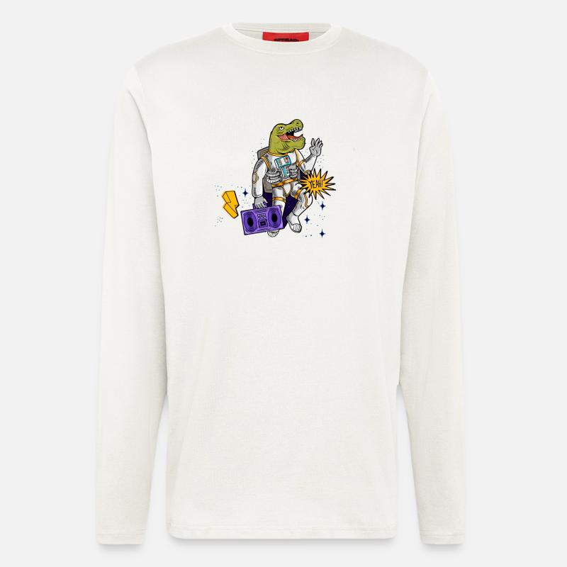 Dino Astronaut avec magnétophone à cassettes - Manches longues bio décontracté fabriqué en UE - OFF WHITE