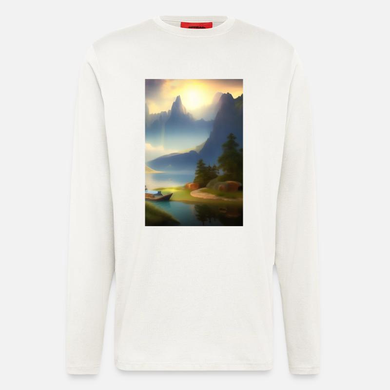 Landschaft mit See, Boot und Berge - Langarmshirt - made by SPREAD  - OFF WHITE