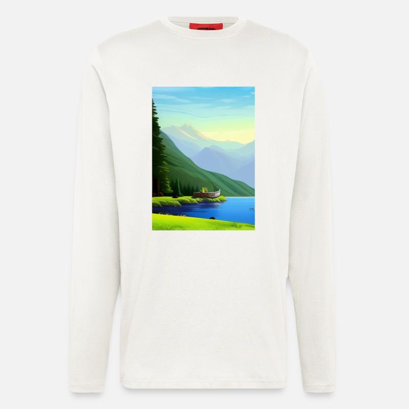 Landschaft mit See, Boot und Berge - Langarmshirt - made by SPREAD - OFF WHITE