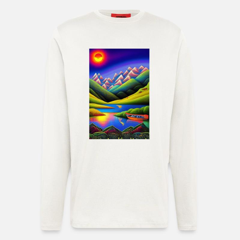 Landschaft mit See, Boot und Berge - Langarmshirt - made by SPREAD  - OFF WHITE