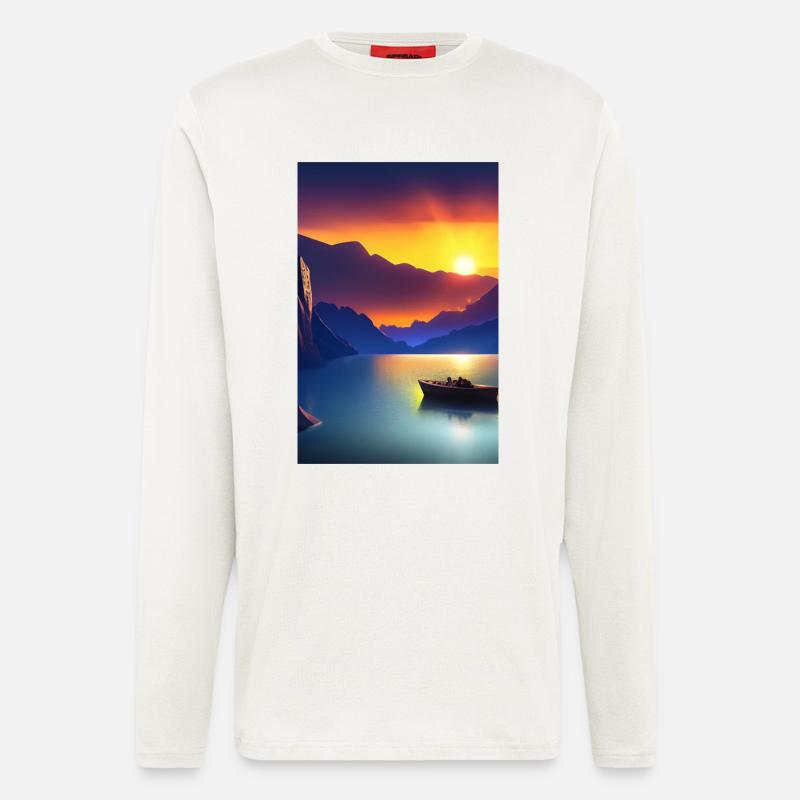 Landschaft mit See, Boot und Berge - Langarmshirt - made by SPREAD  - OFF WHITE