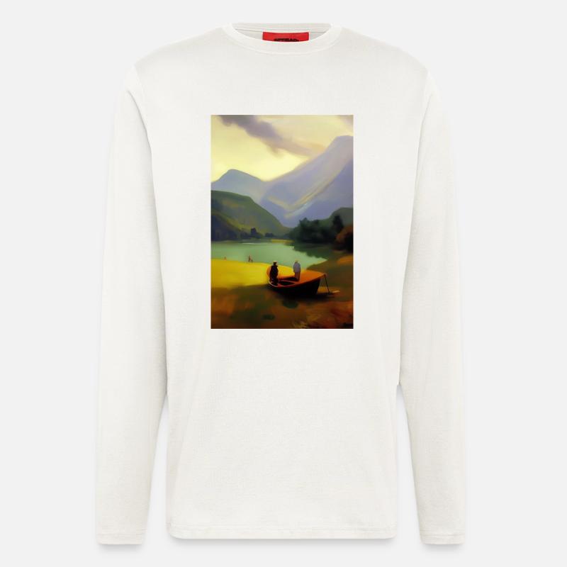 Landschaft mit See, Boot und Berge - Langarmshirt - made by SPREAD  - OFF WHITE