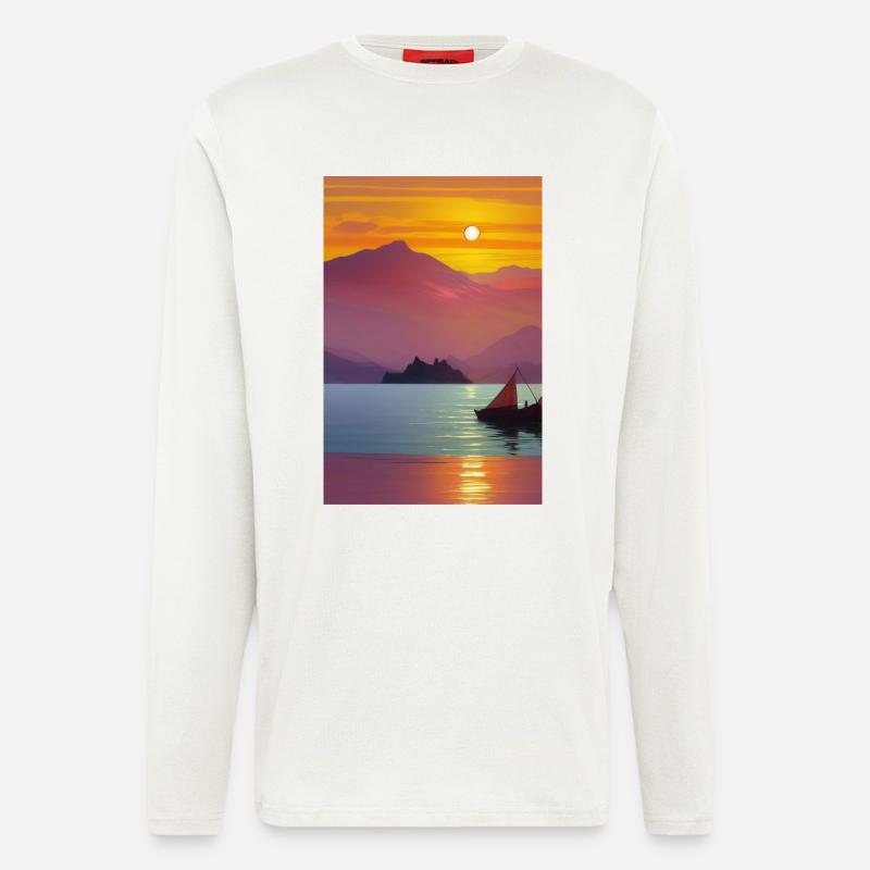 Landschaft mit See, Boot und Berge - Langarmshirt - made by SPREAD  - OFF WHITE