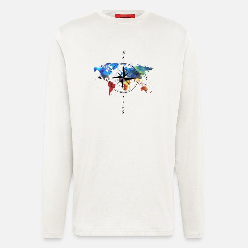 Kompass mit Weltkarte - Langarmshirt - made by SPREAD  - OFF WHITE
