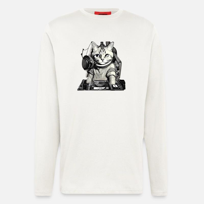 DJ Katze mit Mischpult - Langarmshirt - made by SPREAD  - OFF WHITE