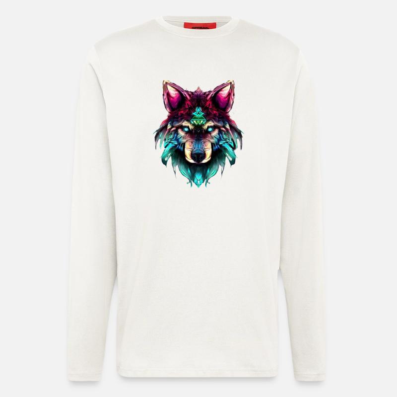 Mystischer Wolf Synthwave Wolfskopf - Langarmshirt - made by SPREAD  - OFF WHITE
