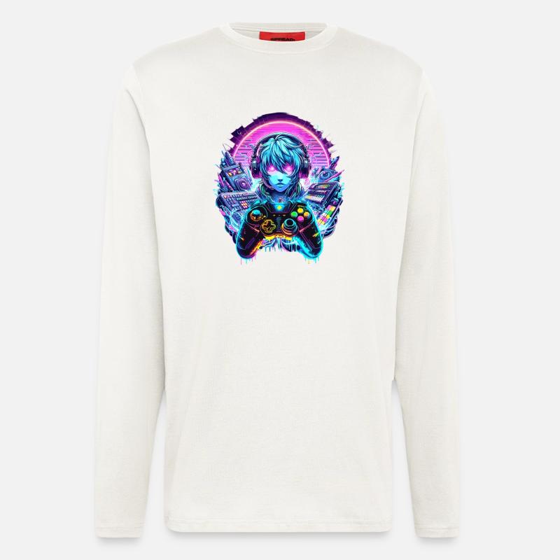 Gamer Headset Anime Synthwave Art - Langarmshirt - made by SPREAD - OFF WHITE