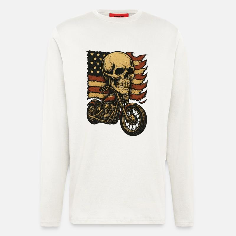 Moto skeleton devant le drapeau américain - Manches longues bio décontracté fabriqué en UE - OFF WHITE