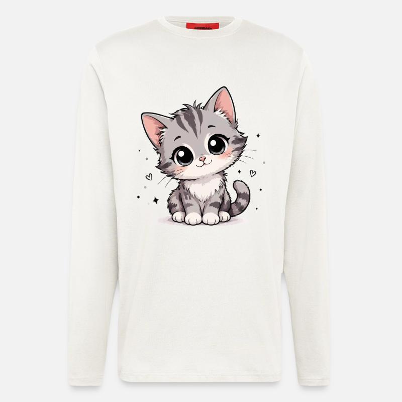 Dessin animé mignon du chaton gris - Manches longues bio décontracté fabriqué en UE - OFF WHITE