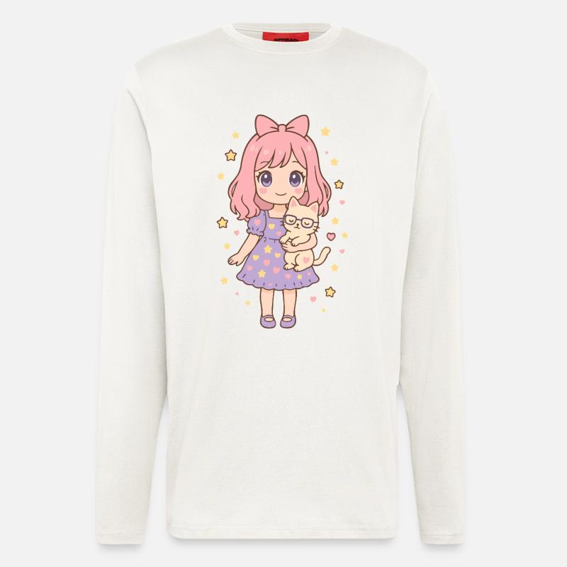 Kleines Mädchen mit Katze von Helfspawn - Langarmshirt - made by SPREAD  - OFF WHITE