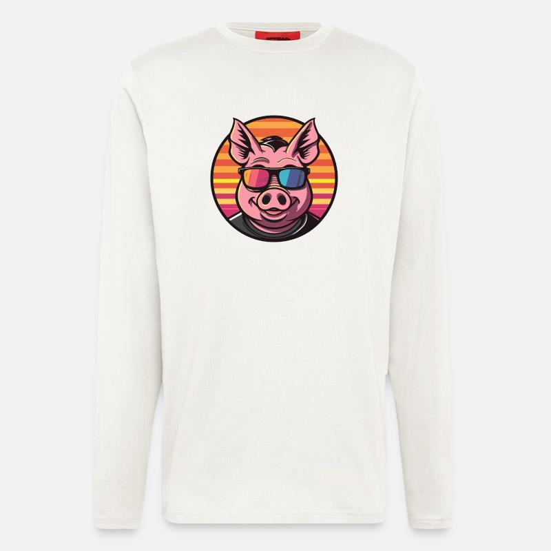 Cochon Bande Dessinée Été Cool - Manches longues bio décontracté fabriqué en UE - OFF WHITE