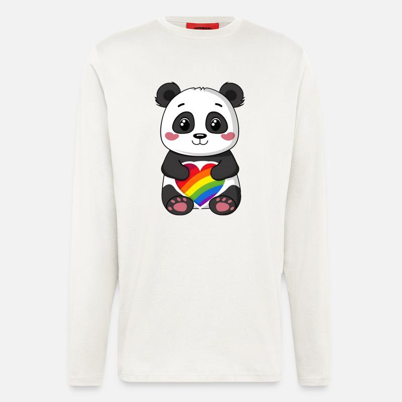 Panda-Karikatur mit einem Pride-Regenbogenherz - Langarmshirt - made by SPREAD  - OFF WHITE