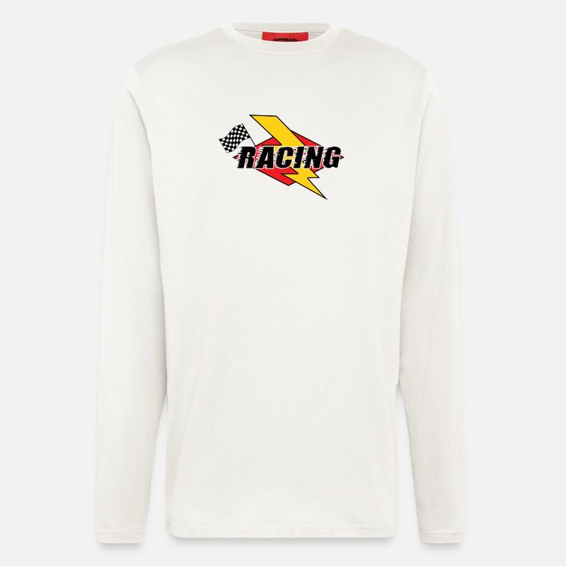 Éclair de course et drapeau - Manches longues bio décontracté fabriqué en UE - OFF WHITE