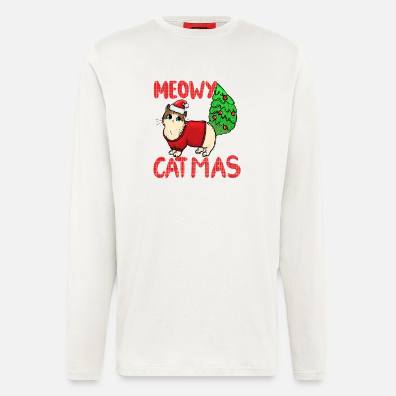 Pull de Noël Catmas Cat Meowy - Manches longues bio décontracté fabriqué en UE - OFF WHITE