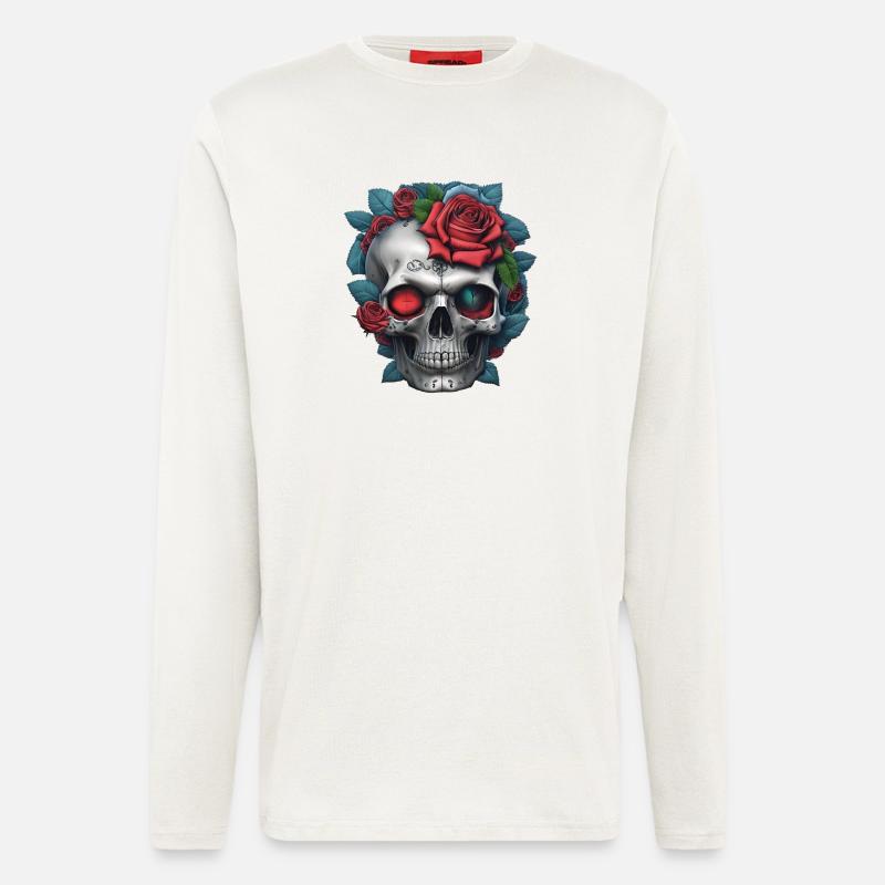 Totenkopf mit Rosen - Langarmshirt - made by SPREAD - OFF WHITE