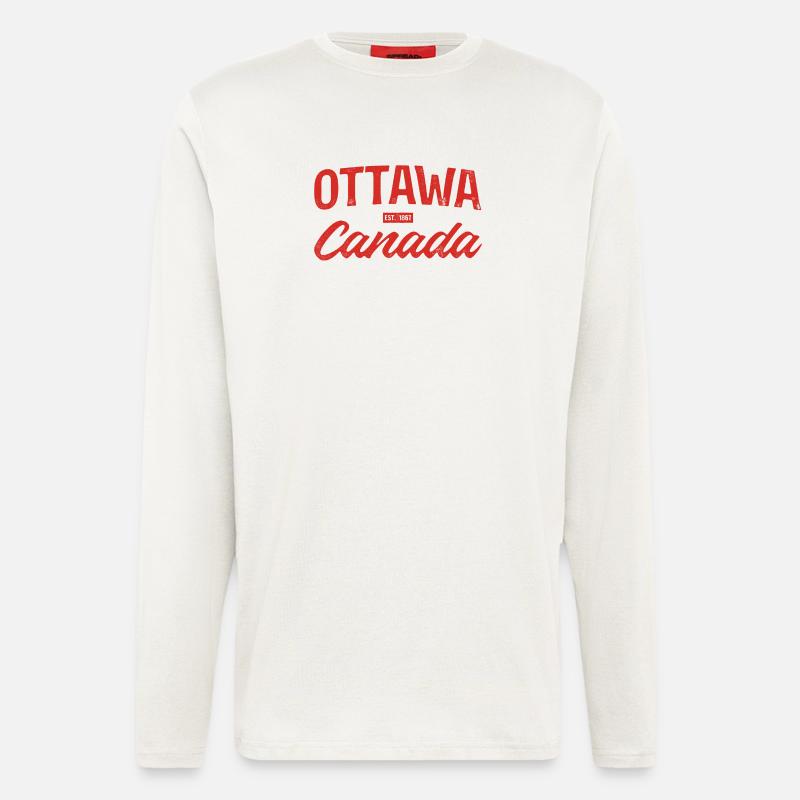Ottawa Canada Retro Script Rouge - Manches longues bio décontracté fabriqué en UE - OFF WHITE