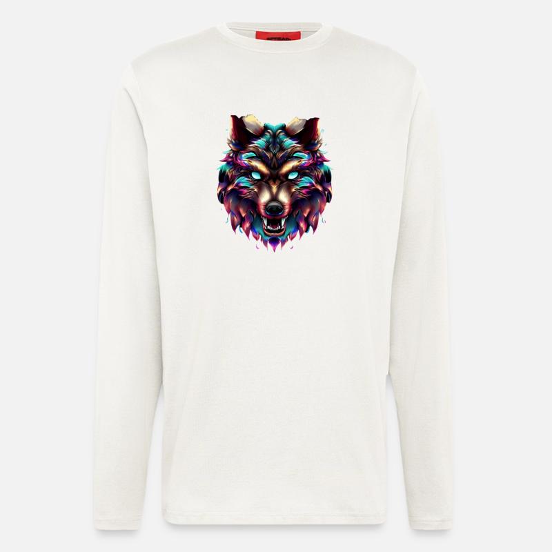 Wolf’s Head Synthwave Wolf - Manches longues bio décontracté fabriqué en UE - OFF WHITE