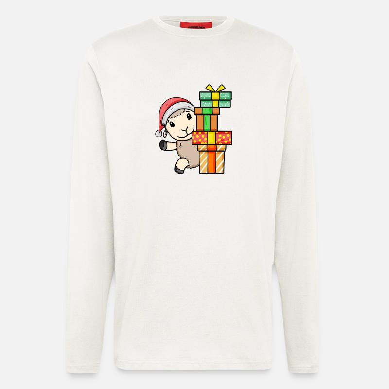 Schaf mit Weihnachtsmütze und Weihnachtsgeschenk - Langarmshirt - made by SPREAD - OFF WHITE
