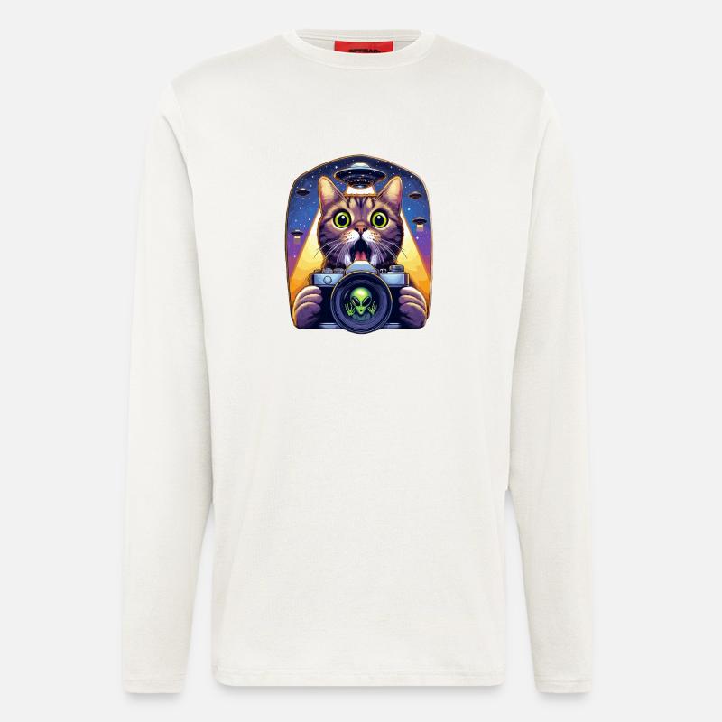 Lustige verängstigte Katze mit UFO-Alien-Angriff 3D-Effekt - Langarmshirt - made by SPREAD  - OFF WHITE