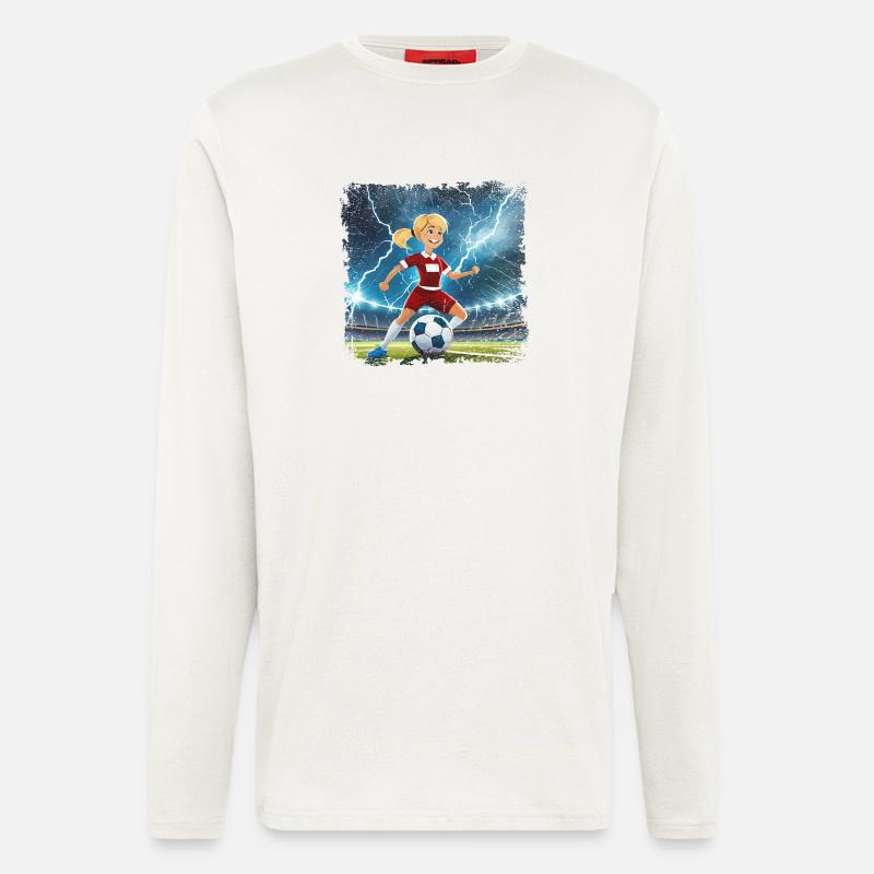 Fussballerin Comicfigur Stadion mit Blitzen - Langarmshirt - made by SPREAD - OFF WHITE