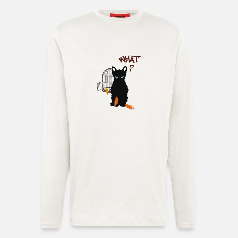 Petit chaton mignon noir et oiseau - Manches longues bio décontracté fabriqué en UE - OFF WHITE