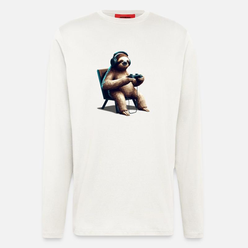 Sloth Gamer avec casque et manette Low Poly - Manches longues bio décontracté fabriqué en UE - OFF WHITE