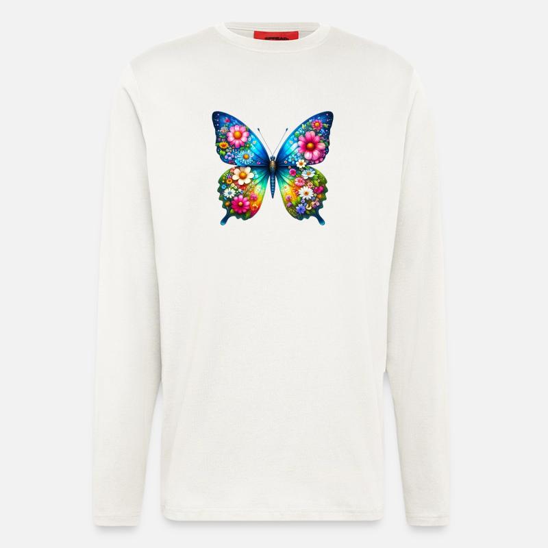 Fleurs de fleurs de papillon - Manches longues bio décontracté fabriqué en UE - OFF WHITE