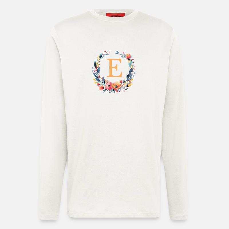 E Monogramm, Blumen-Kranz, personalisierbar - Langarmshirt - made by SPREAD  - OFF WHITE