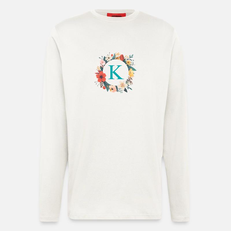 K Monogramm, Blumen-Kranz, personalisierbar - Langarmshirt - made by SPREAD  - OFF WHITE