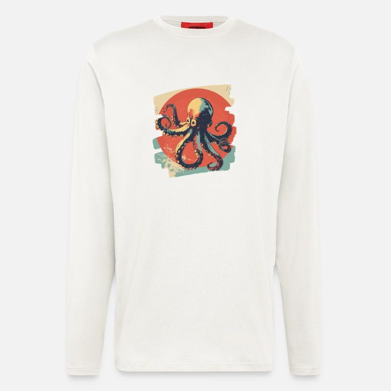 Pieuvre Octopus Rétro - Manches longues bio décontracté fabriqué en UE - OFF WHITE