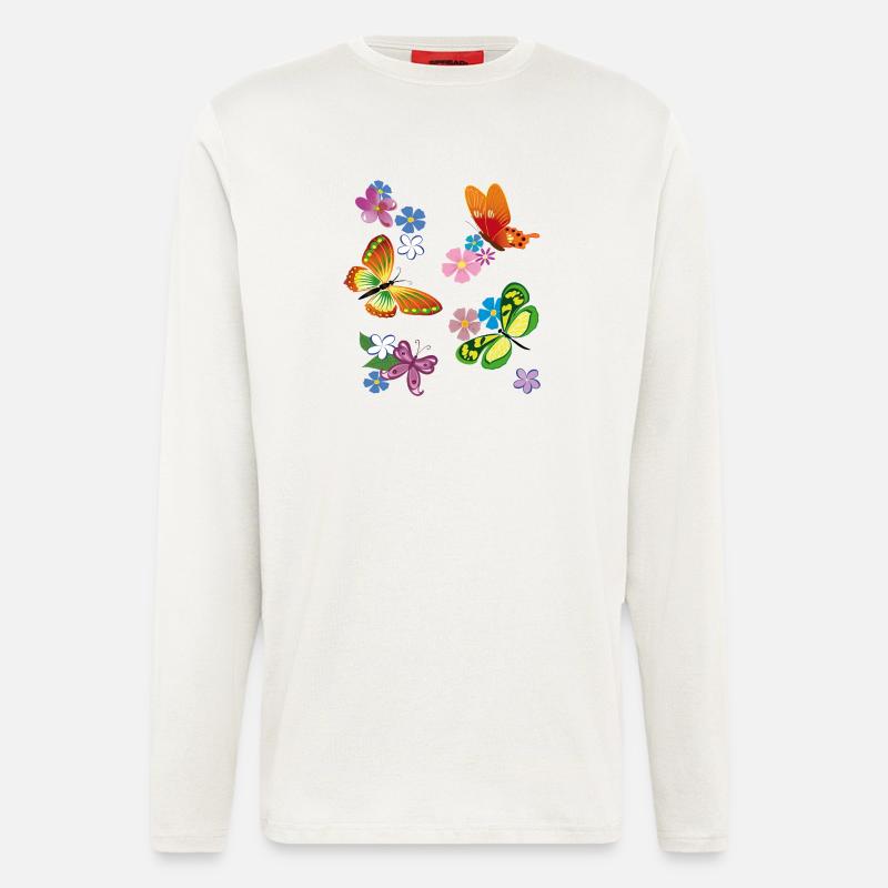 Fleurs, Fleurs, Papillon - Manches longues bio décontracté fabriqué en UE - OFF WHITE