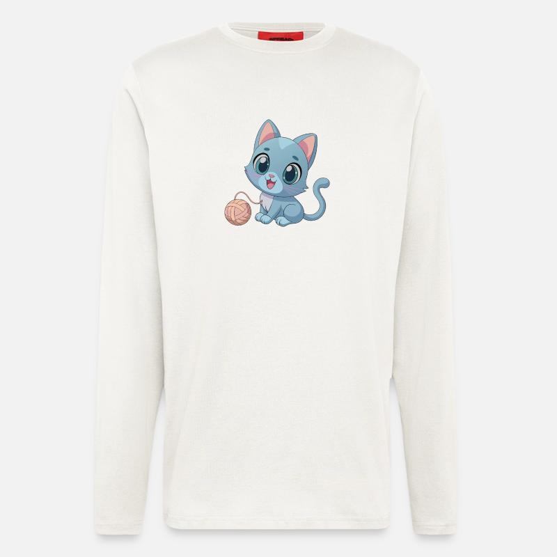 Verspieltes blaues Kätzchen mit Wollknäuel - Langarmshirt - made by SPREAD - OFF WHITE