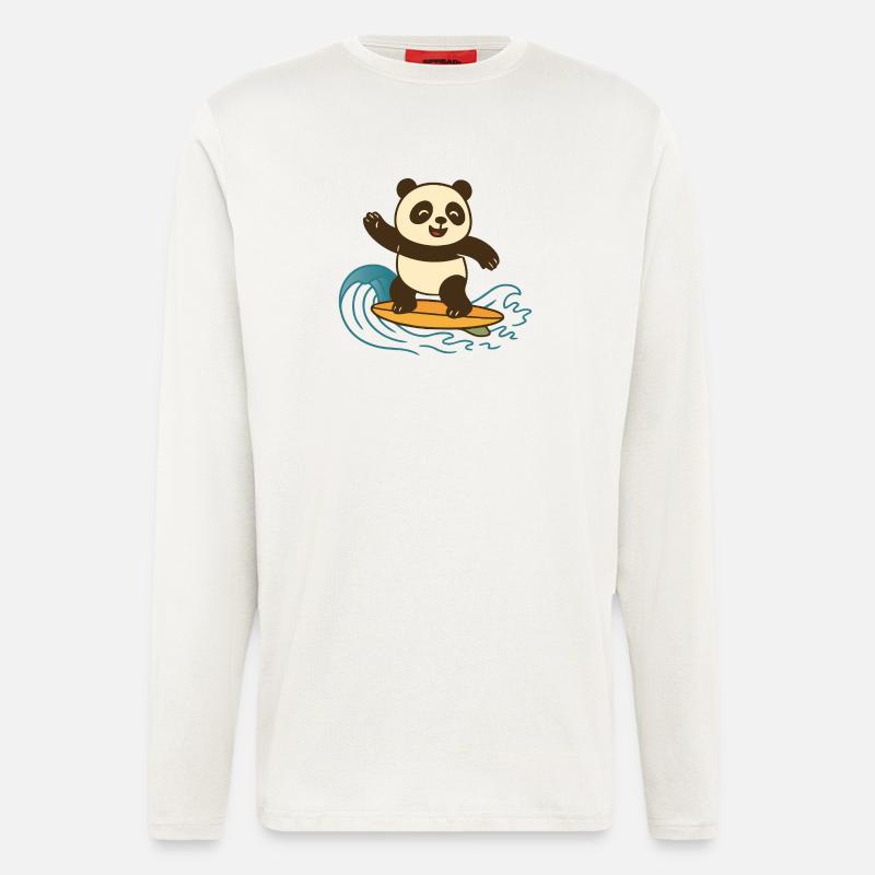 Panda Surf heureux - Illustration d’été - Manches longues bio décontracté fabriqué en UE - OFF WHITE