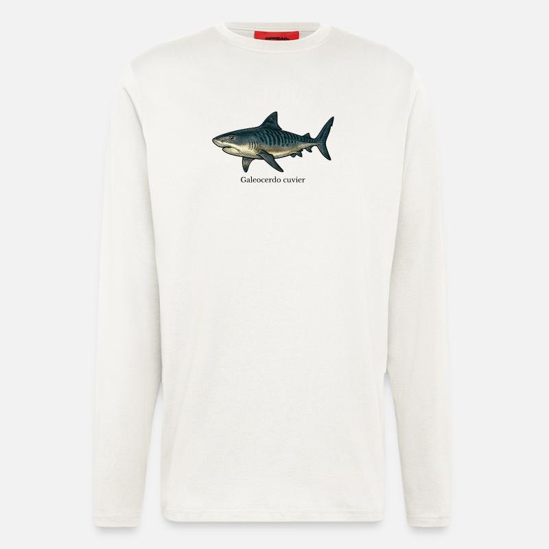 Dessin de requin tigre Galeocerdo cuvier - Manches longues bio décontracté fabriqué en UE - OFF WHITE