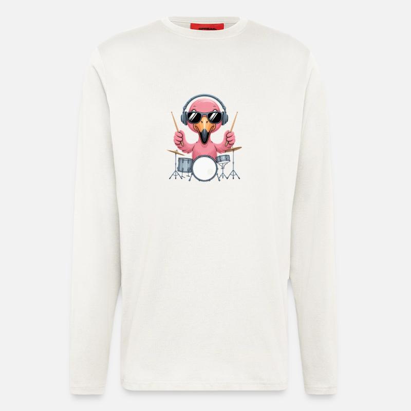 Flamingo Drummer Mit Kopfhörer Und Sonnenbrille - Langarmshirt - made by SPREAD  - OFF WHITE